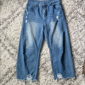 Distressed Blue barrel Jeans